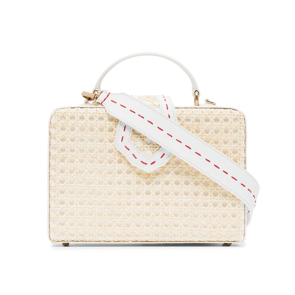 Mehry Mu Fey Large Leather Rattan Straw Box Bag w/ Long Shoulder Crossbody Strap